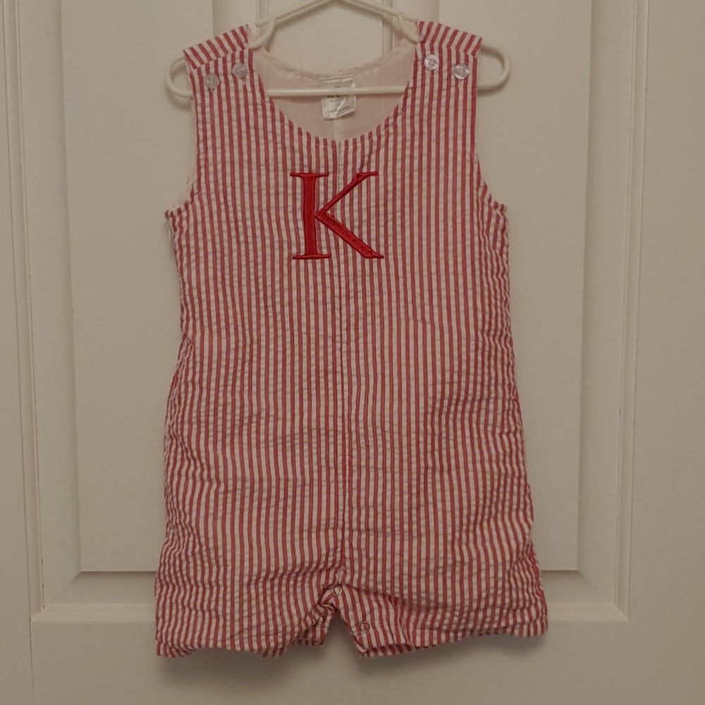 Red and white seersucker Jon Jon momogramed K